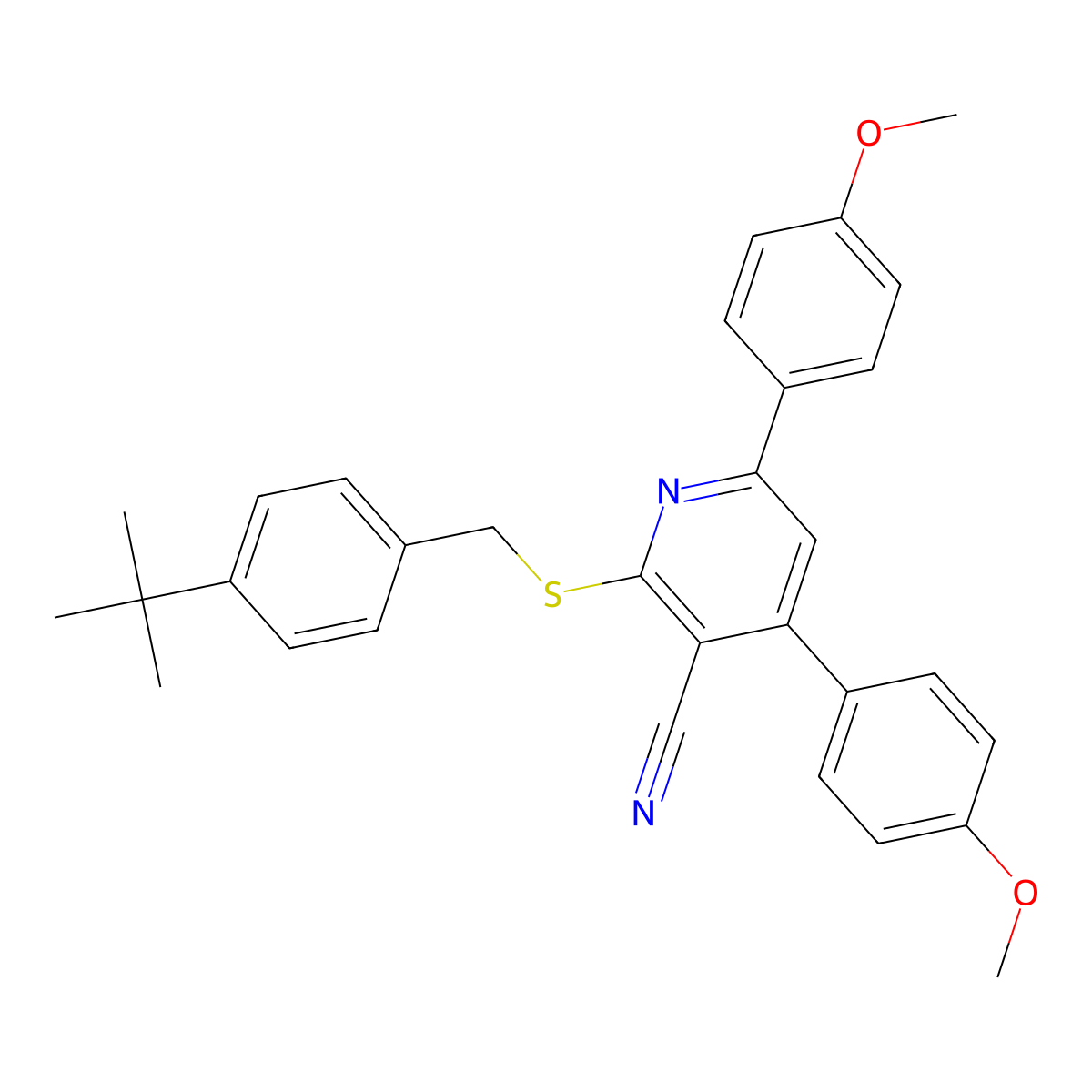 2-((4-(tert-Butyl)benzyl)thio)-4,6-bis(4-methoxyphenyl)nicotinonitrile molecular structure, CAS 332114-76-8