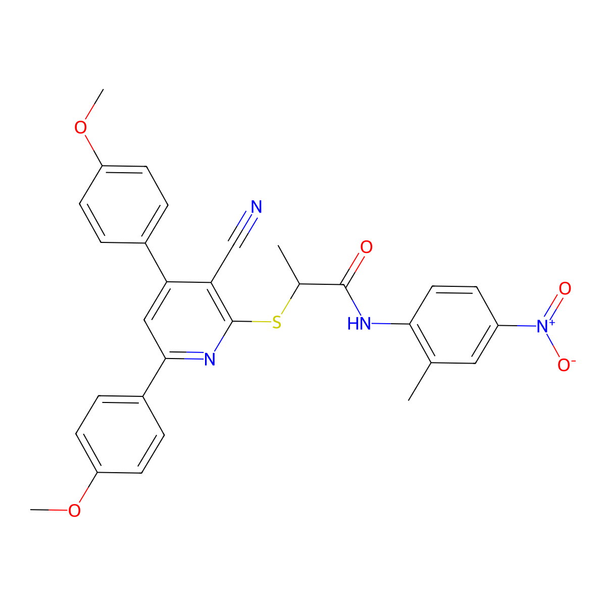 2-((3-Cyano-4,6-bis(4-methoxyphenyl)pyridin-2-yl)thio)-N-(2-methyl-4-nitrophenyl)propanamide molecular structure, CAS 332114-81-5