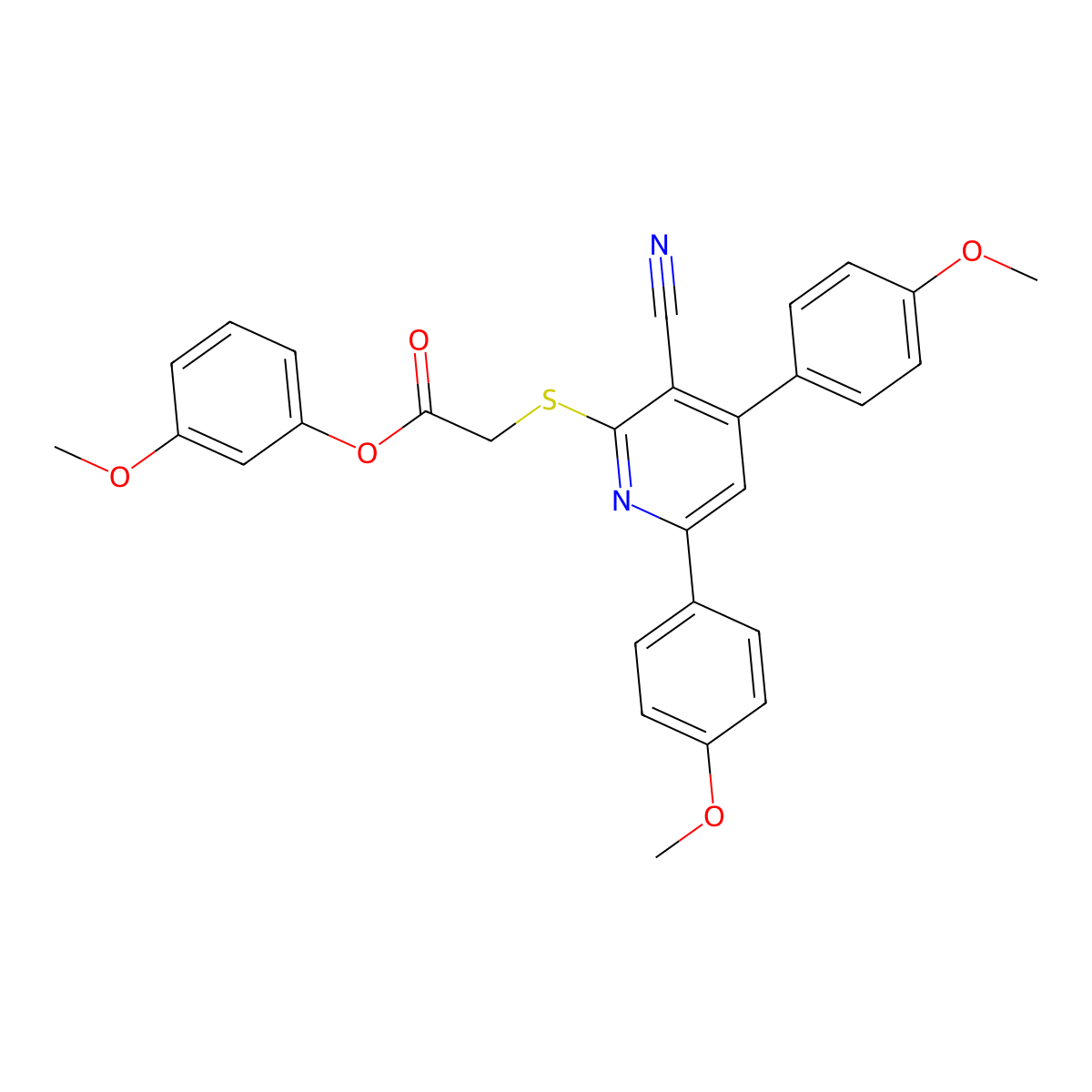 3-Methoxyphenyl 2-((3-cyano-4,6-bis(4-methoxyphenyl)pyridin-2-yl)thio)acetate molecular structure, CAS 332114-83-7