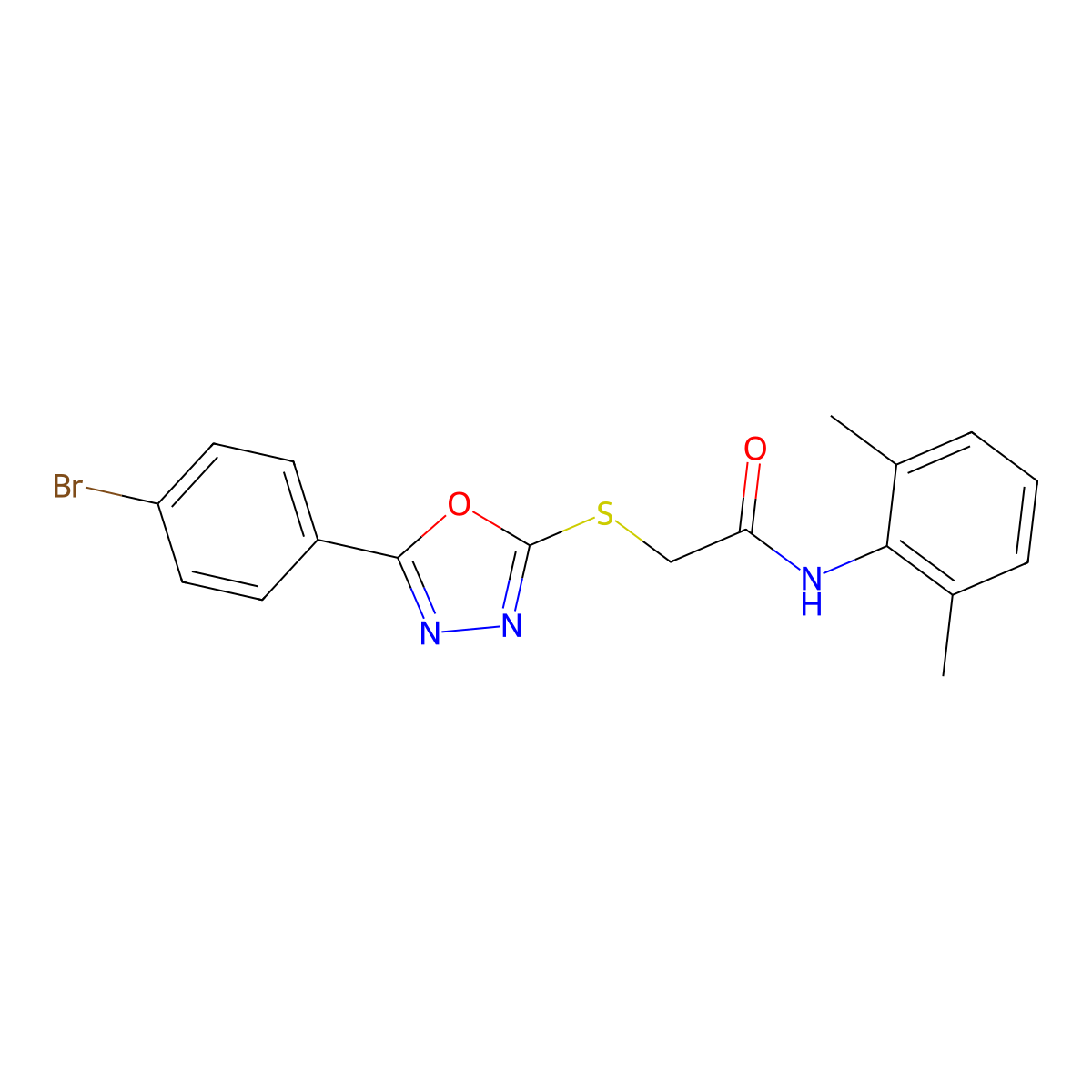 2-((5-(4-Bromophenyl)-1,3,4-oxadiazol-2-yl)thio)-N-(2,6-dimethylphenyl)acetamide molecular structure, CAS 332114-86-0