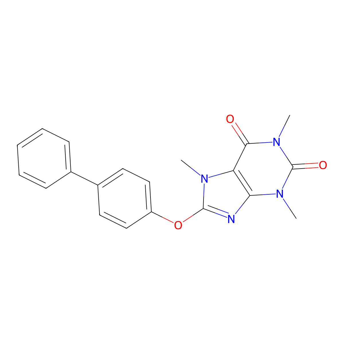 8-([1,1'-biphenyl]-4-yloxy)-1,3,7-trimethyl-3,7-dihydro-1H-purine-2,6-dione molecular structure, CAS 332115-86-3