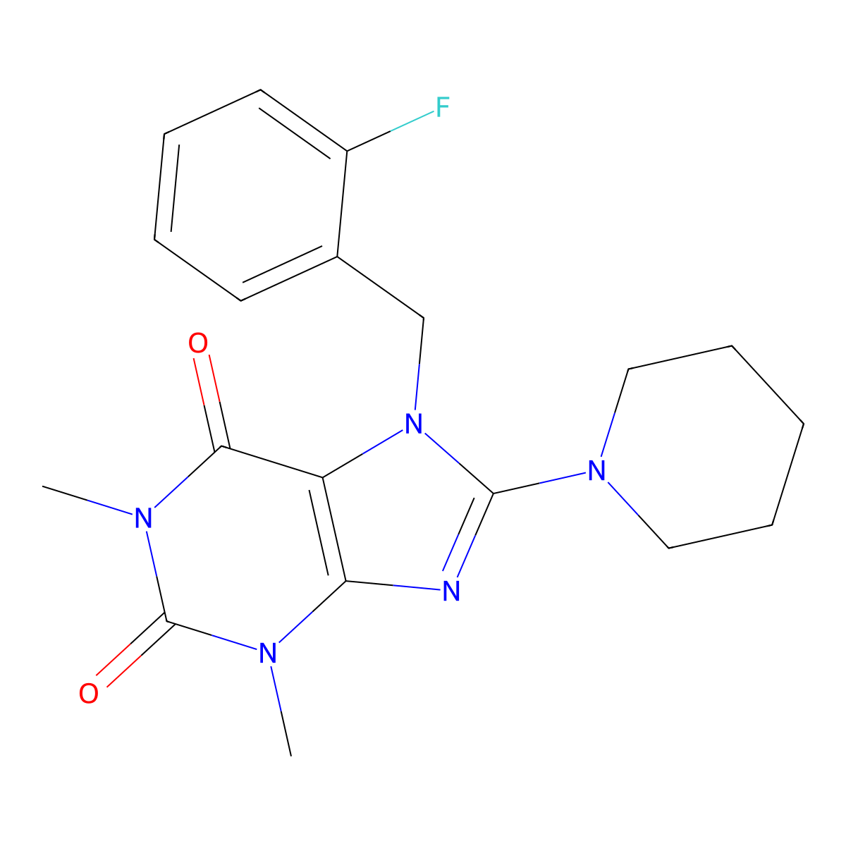 7-(2-fluorobenzyl)-1,3-dimethyl-8-(piperidin-1-yl)-3,7-dihydro-1H-purine-2,6-dione molecular structure, CAS 332116-01-5