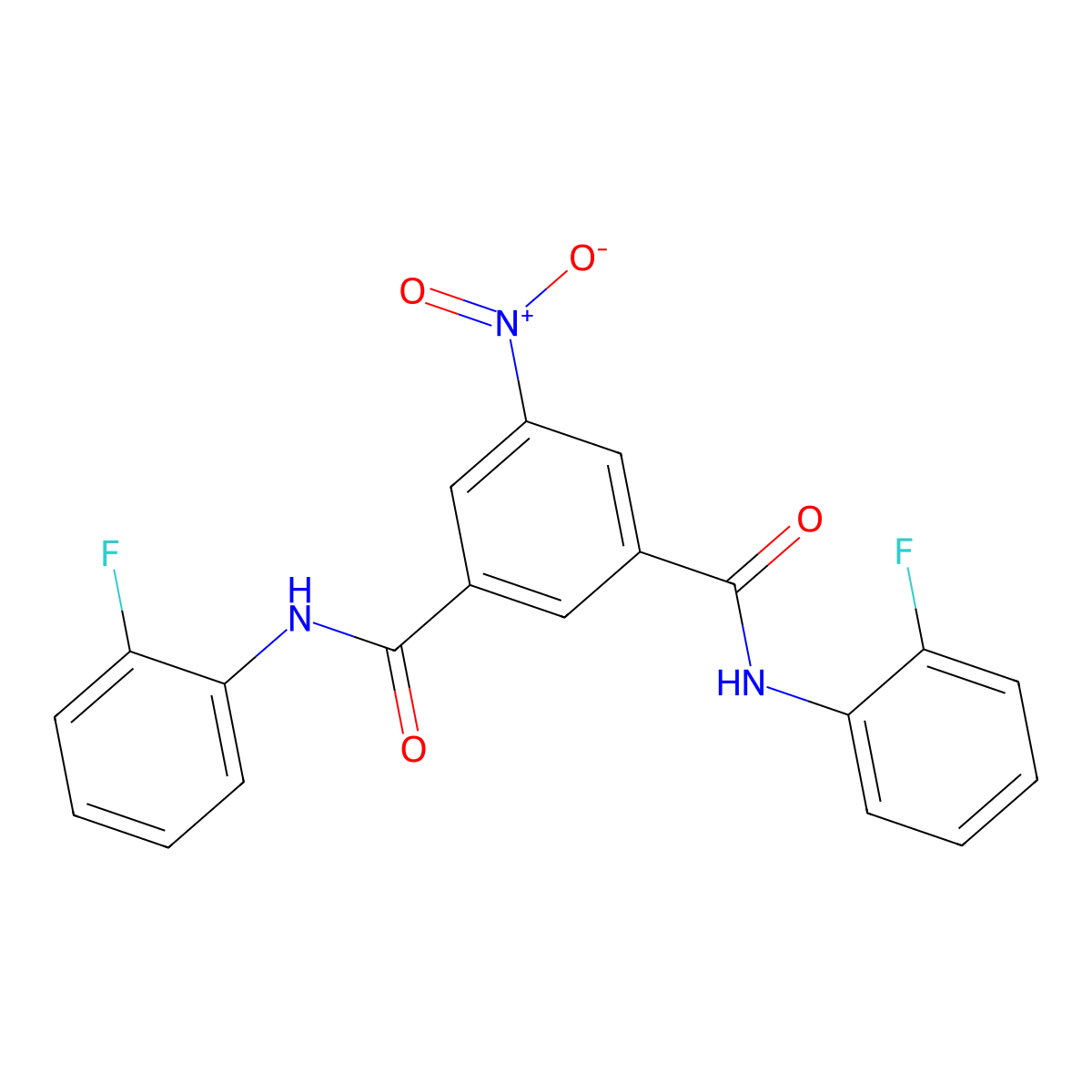 N,N'-Bis-(2-fluoro-phenyl)-5-nitro-isophthalamide molecular structure, CAS 332116-19-5