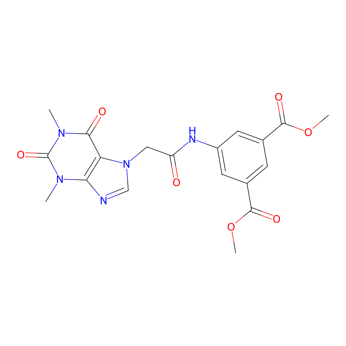 dimethyl 5-(2-(1,3-dimethyl-2,6-dioxo-2,3-dihydro-1H-purin-7(6H)-yl)acetamido)isophthalate molecular structure, CAS 332117-27-8