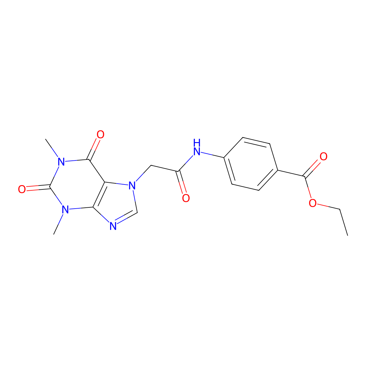 Ethyl 4-((2-(1,2,3,6-tetrahydro-1,3-dimethyl-2,6-dioxo-7H-purin-7-yl)acetyl)amino)benzoate molecular structure, CAS 332117-29-0