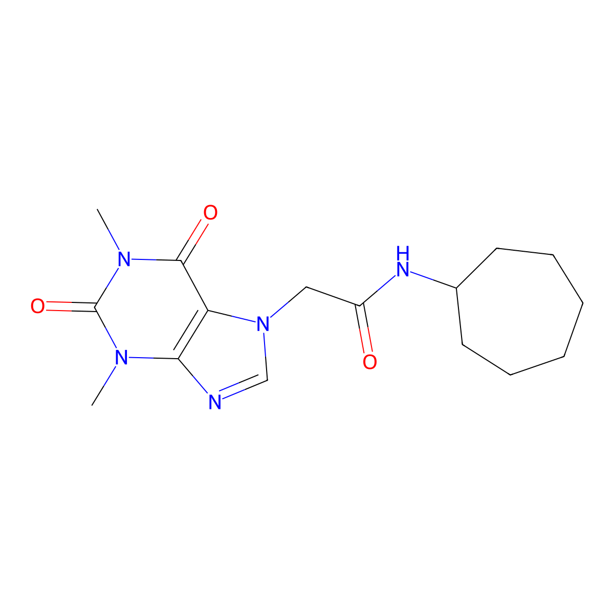 N-cycloheptyl-2-(1,3-dimethyl-2,6-dioxo-1,2,3,6-tetrahydro-7H-purin-7-yl)acetamide molecular structure, CAS 332117-35-8