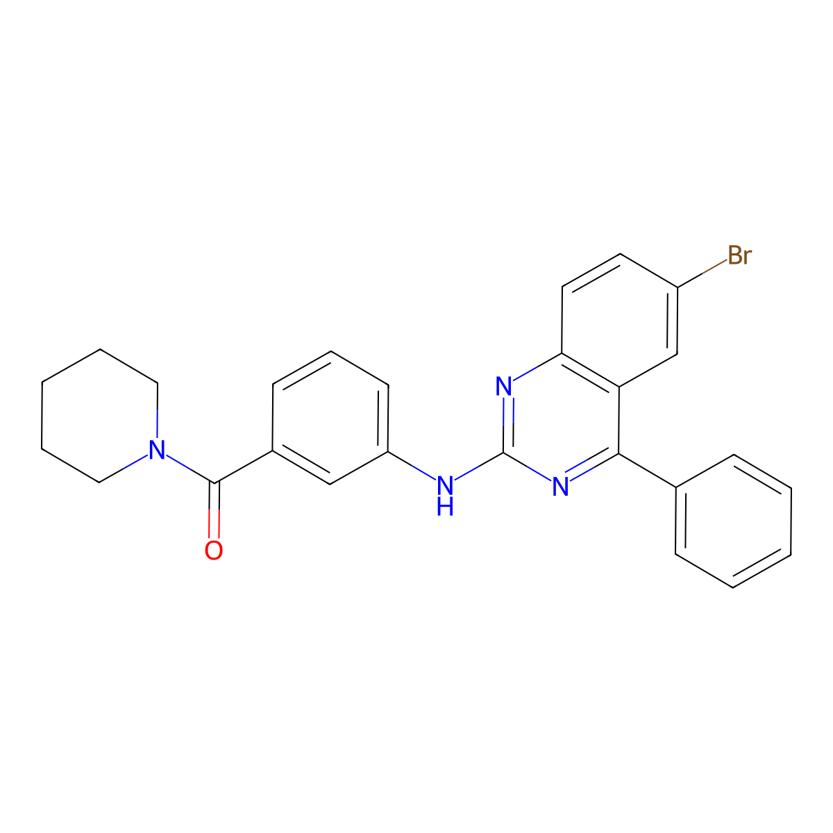(3-((6-Bromo-4-phenylquinazolin-2-yl)amino)phenyl)(piperidin-1-yl)methanone molecular structure, CAS 332118-15-7