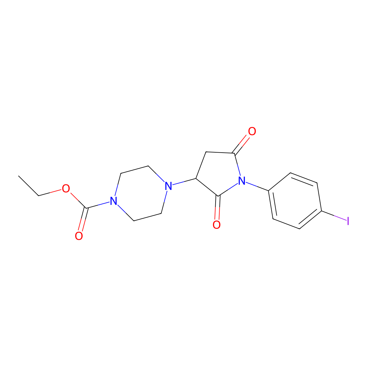 Ethyl 4-[1-(4-iodophenyl)-2,5-dioxopyrrolidin-3-yl]piperazine-1-carboxylate molecular structure, CAS 332125-88-9