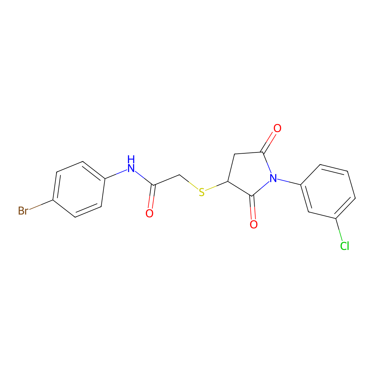 N-(4-bromophenyl)-2-[1-(3-chlorophenyl)-2,5-dioxopyrrolidin-3-yl]sulfanylacetamide molecular structure, CAS 332125-94-7