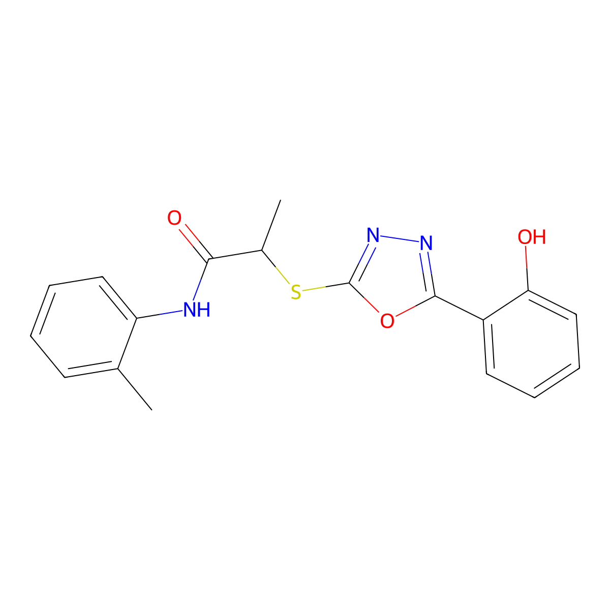 2-((5-(2-Hydroxyphenyl)-1,3,4-oxadiazol-2-yl)thio)-N-(o-tolyl)propanamide molecular structure, CAS 332126-55-3
