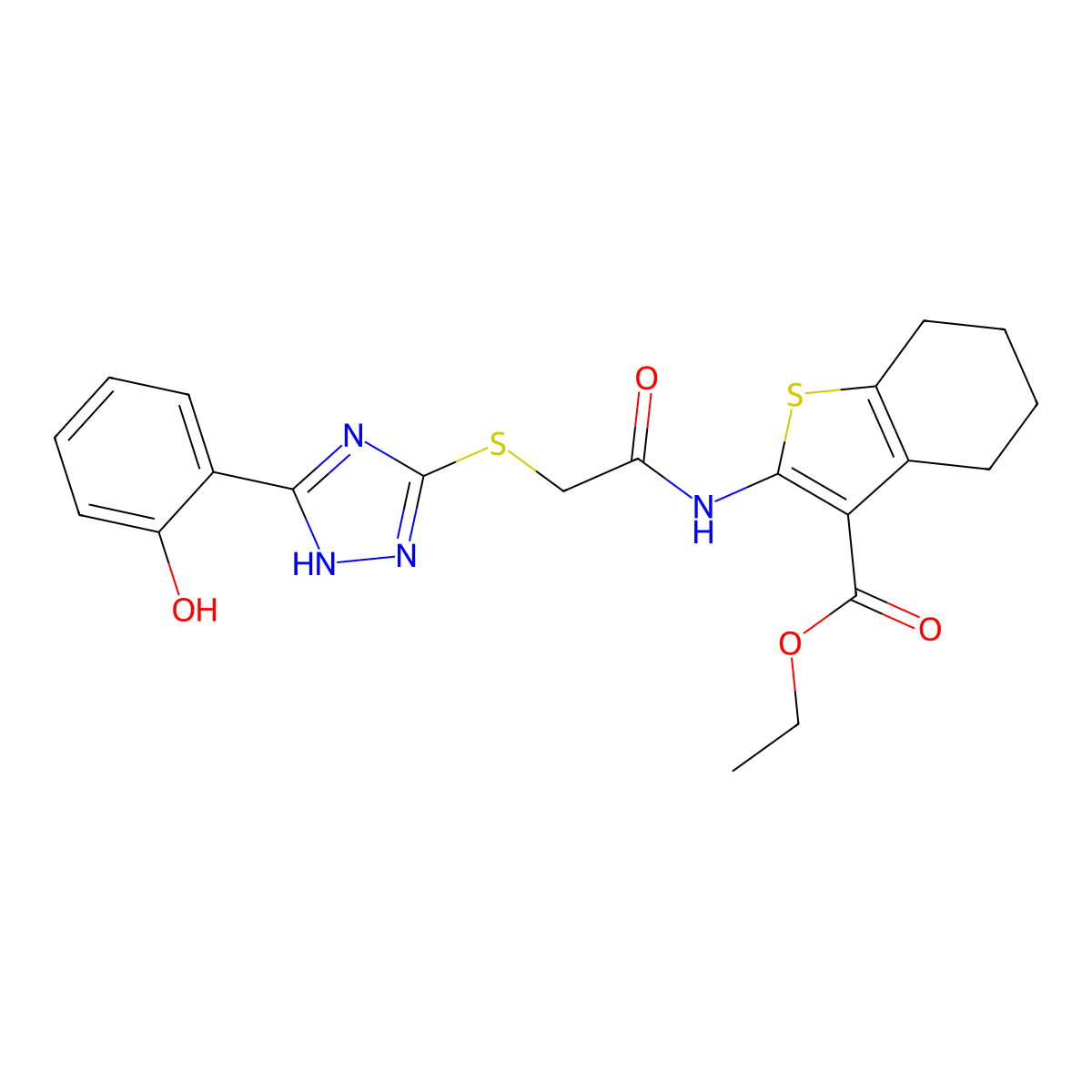 Ethyl 2-(2-((3-(2-hydroxyphenyl)-1H-1,2,4-triazol-5-yl)thio)acetamido)-4,5,6,7-tetrahydrobenzo[b]thiophene-3-carboxylate molecular structure, CAS 332126-56-4