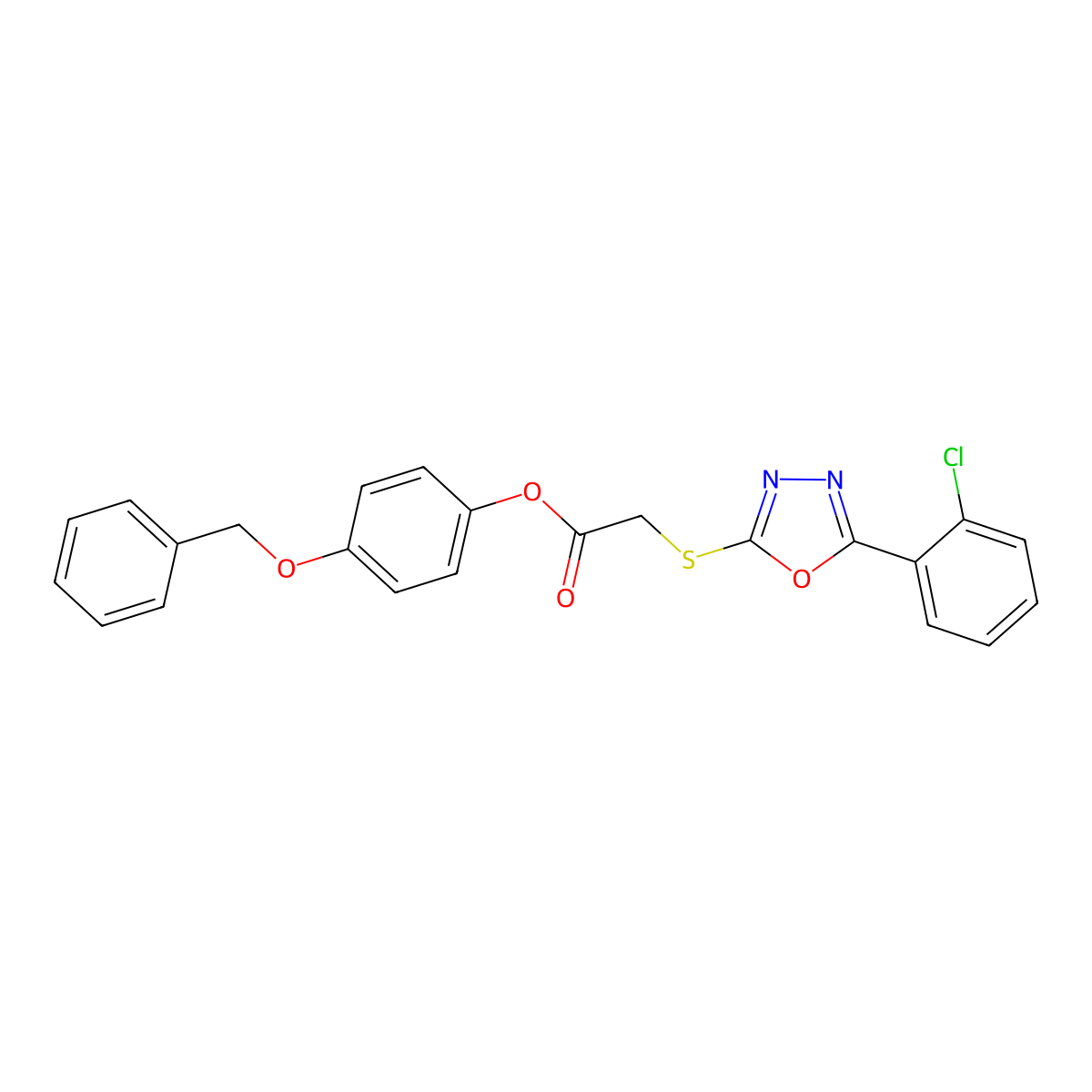 4-(Benzyloxy)phenyl 2-((5-(2-chlorophenyl)-1,3,4-oxadiazol-2-yl)thio)acetate molecular structure, CAS 332126-59-7