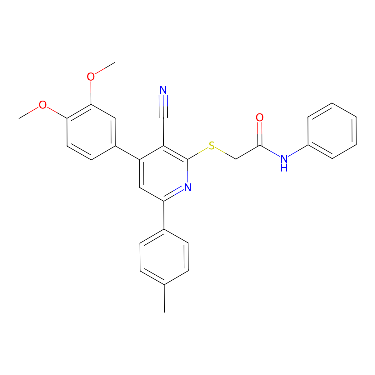 2-((3-Cyano-4-(3,4-dimethoxyphenyl)-6-(p-tolyl)pyridin-2-yl)thio)-N-phenylacetamide molecular structure, CAS 332126-94-0