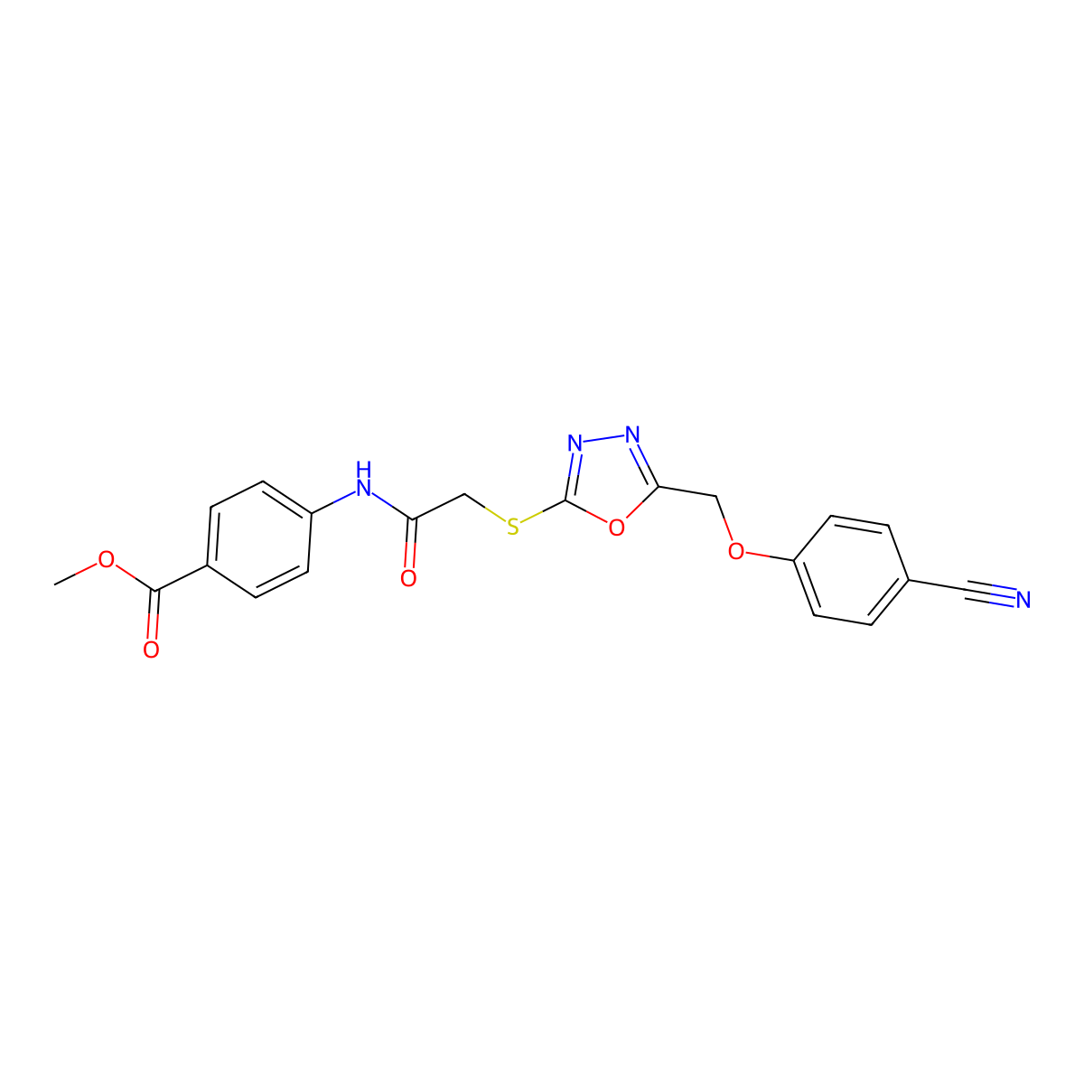 Methyl 4-(2-((5-((4-cyanophenoxy)methyl)-1,3,4-oxadiazol-2-yl)thio)acetamido)benzoate molecular structure, CAS 332127-14-7