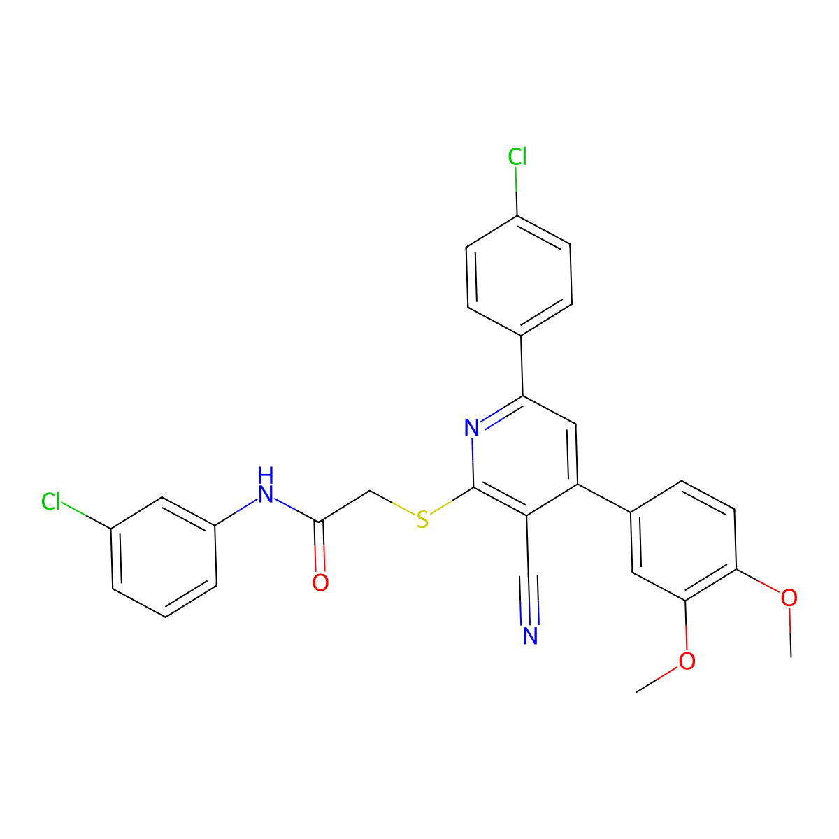 N-(3-Chlorophenyl)-2-((6-(4-chlorophenyl)-3-cyano-4-(3,4-dimethoxyphenyl)pyridin-2-yl)thio)acetamide molecular structure, CAS 332127-20-5