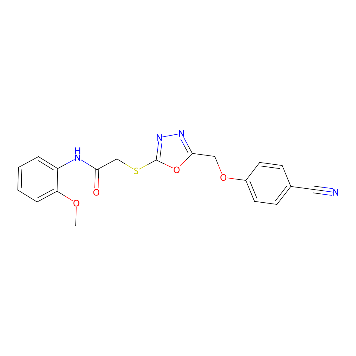 2-((5-((4-Cyanophenoxy)methyl)-1,3,4-oxadiazol-2-yl)thio)-N-(2-methoxyphenyl)acetamide molecular structure, CAS 332127-29-4