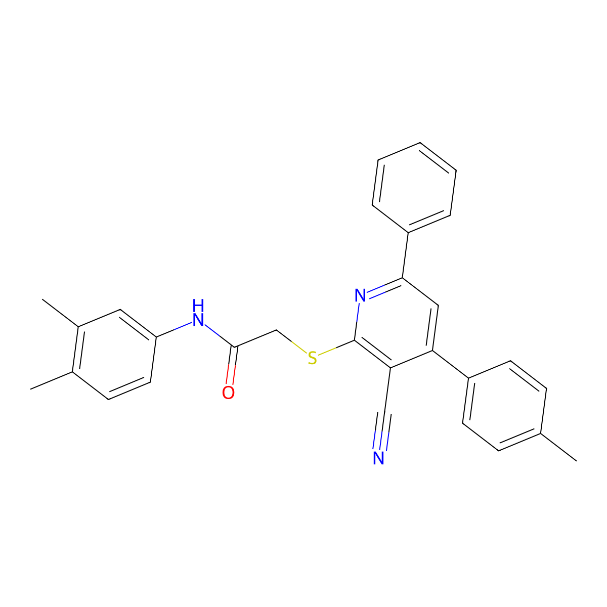 2-((3-Cyano-6-phenyl-4-(p-tolyl)pyridin-2-yl)thio)-N-(3,4-dimethylphenyl)acetamide molecular structure, CAS 332127-52-3