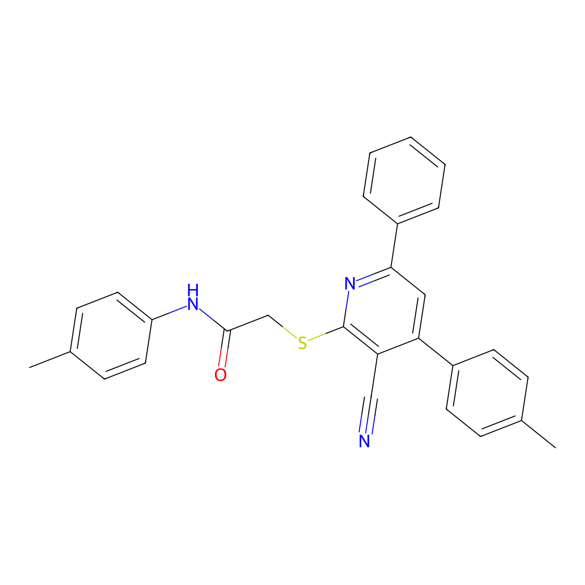 2-((3-Cyano-6-phenyl-4-(p-tolyl)pyridin-2-yl)thio)-N-(p-tolyl)acetamide molecular structure, CAS 332127-53-4