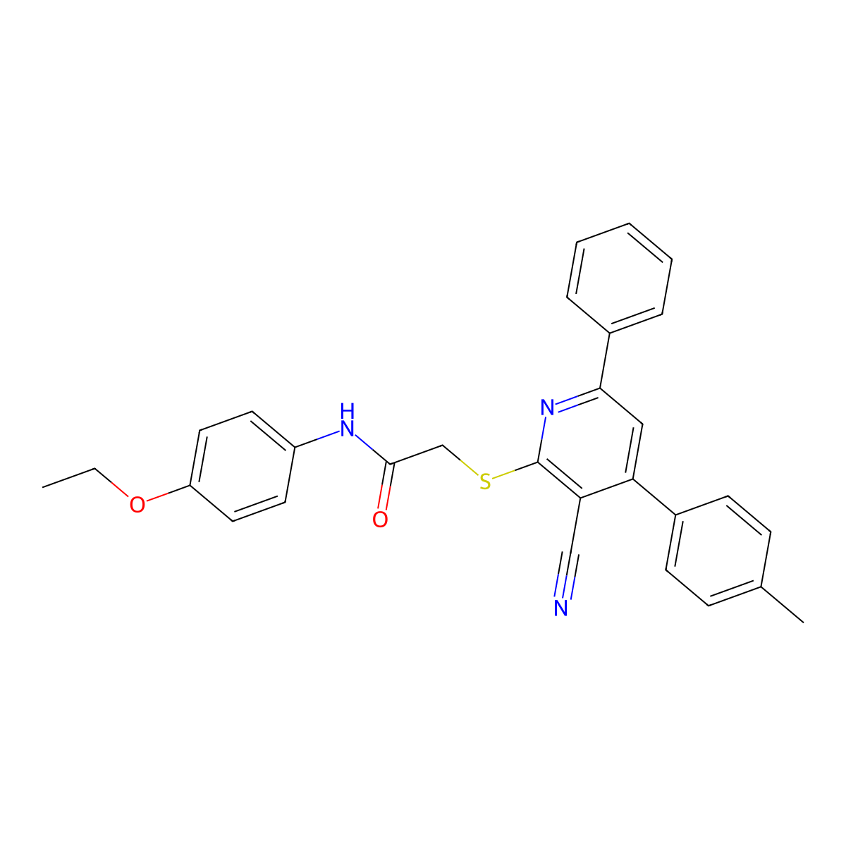 2-((3-Cyano-6-phenyl-4-(p-tolyl)pyridin-2-yl)thio)-N-(4-ethoxyphenyl)acetamide molecular structure, CAS 332127-54-5