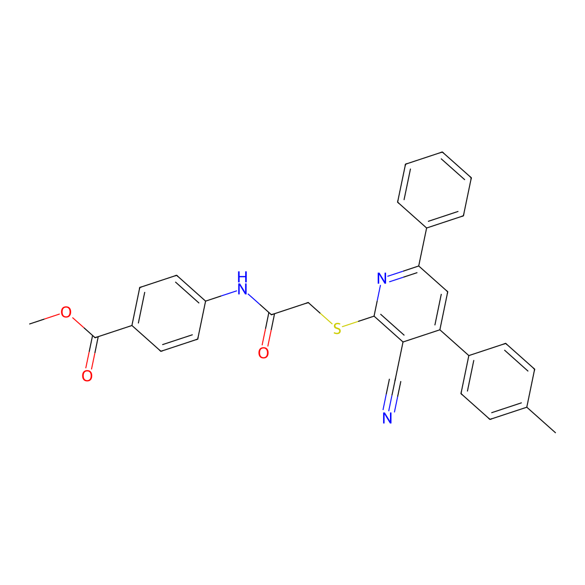 Methyl 4-(2-((3-cyano-6-phenyl-4-(p-tolyl)pyridin-2-yl)thio)acetamido)benzoate molecular structure, CAS 332127-59-0