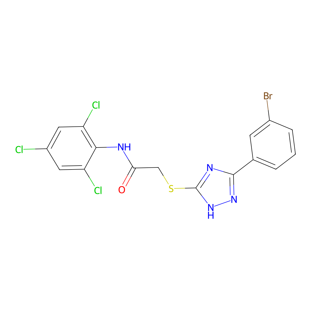 2-((3-(3-Bromophenyl)-1H-1,2,4-triazol-5-yl)thio)-N-(2,4,6-trichlorophenyl)acetamide molecular structure, CAS 332127-67-0