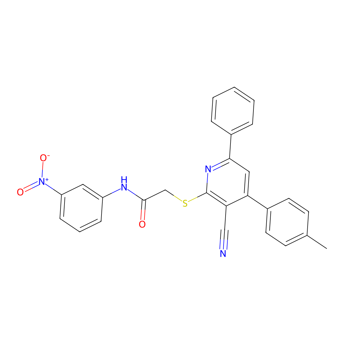 2-((3-Cyano-6-phenyl-4-(p-tolyl)pyridin-2-yl)thio)-N-(3-nitrophenyl)acetamide molecular structure, CAS 332127-78-3