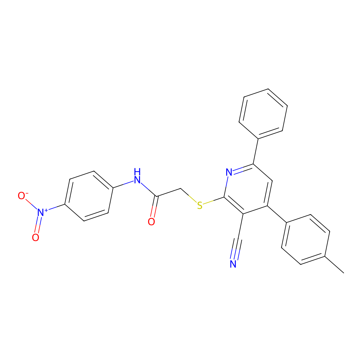 2-((3-Cyano-6-phenyl-4-(p-tolyl)pyridin-2-yl)thio)-N-(4-nitrophenyl)acetamide molecular structure, CAS 332127-79-4