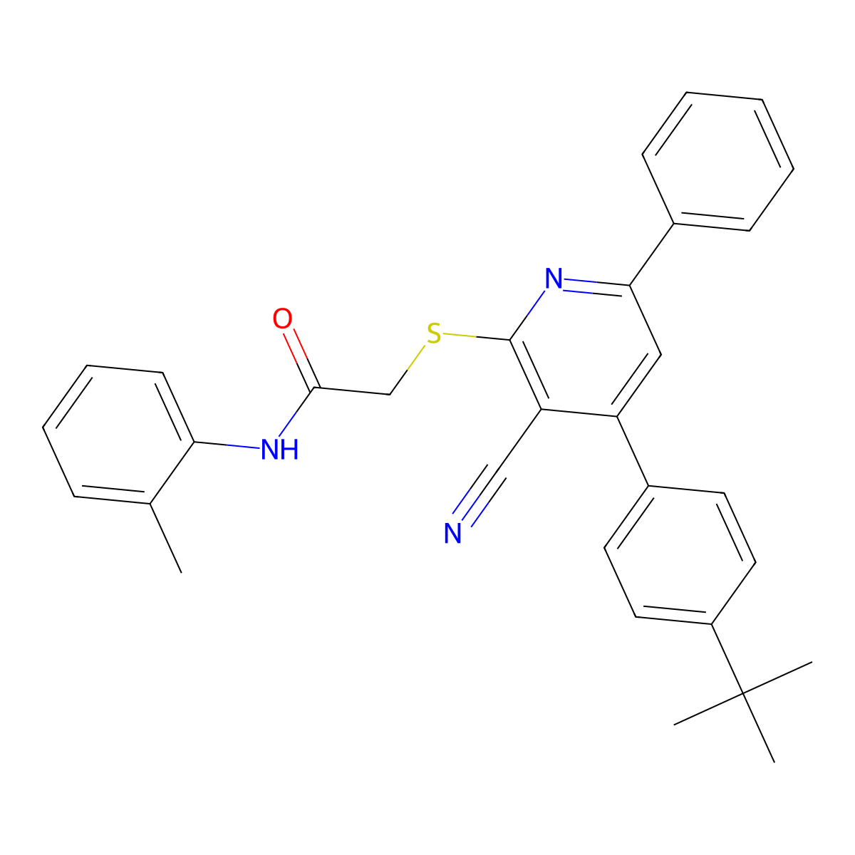 2-((4-(4-(tert-Butyl)phenyl)-3-cyano-6-phenylpyridin-2-yl)thio)-N-(o-tolyl)acetamide molecular structure, CAS 332127-83-0