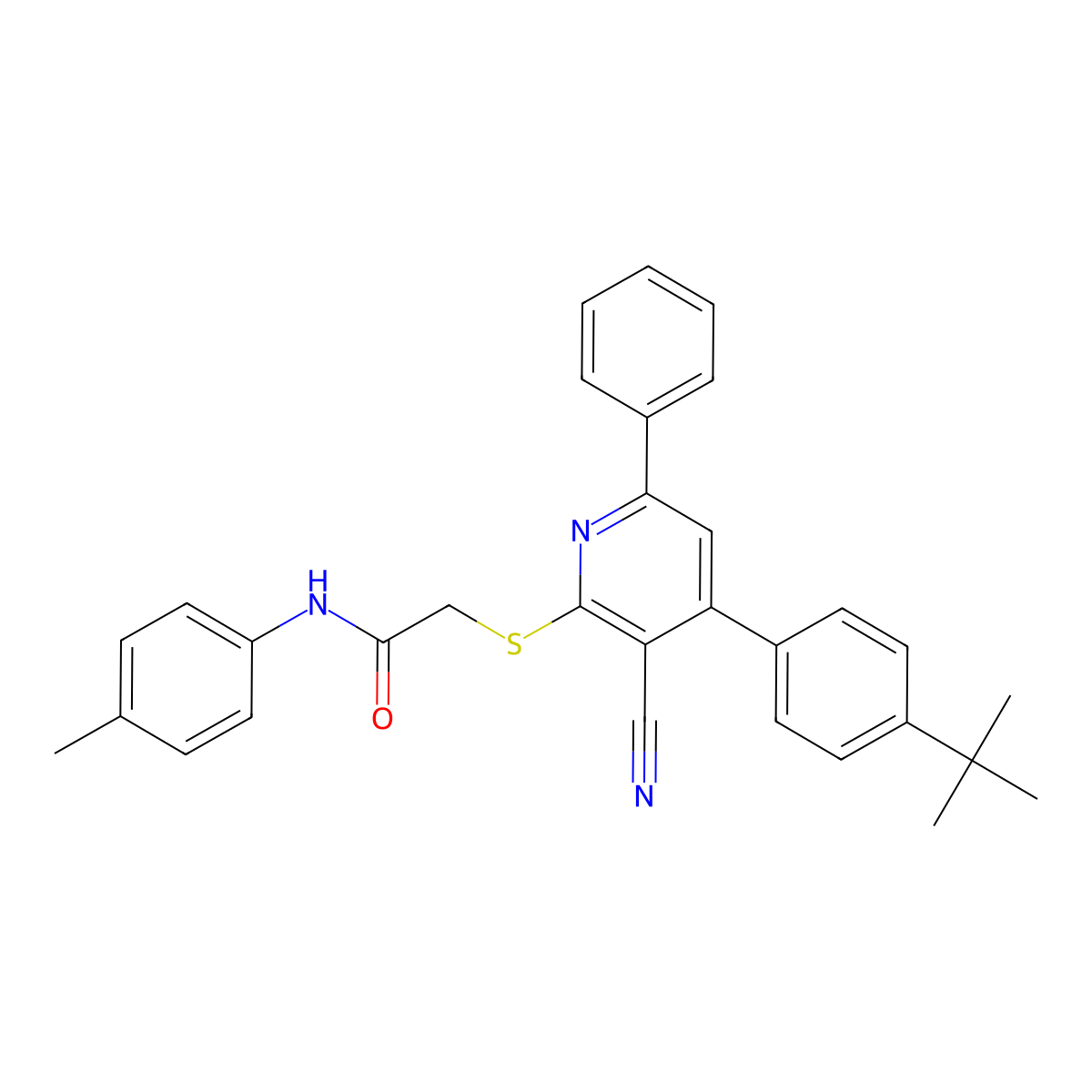 2-((4-(4-(tert-Butyl)phenyl)-3-cyano-6-phenylpyridin-2-yl)thio)-N-(p-tolyl)acetamide molecular structure, CAS 332127-85-2