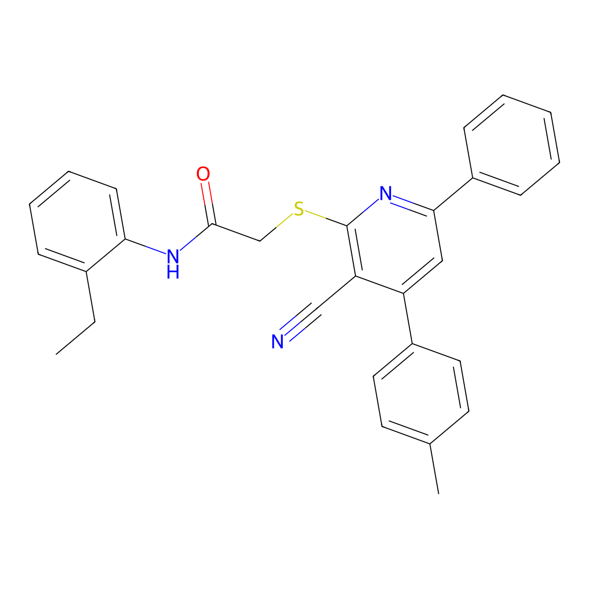 2-((3-Cyano-6-phenyl-4-(p-tolyl)pyridin-2-yl)thio)-N-(2-ethylphenyl)acetamide molecular structure, CAS 332127-91-0