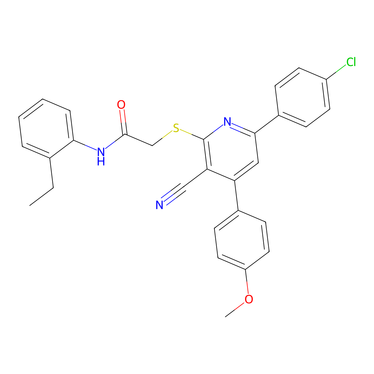 2-((6-(4-Chlorophenyl)-3-cyano-4-(4-methoxyphenyl)pyridin-2-yl)thio)-N-(2-ethylphenyl)acetamide molecular structure, CAS 332127-93-2