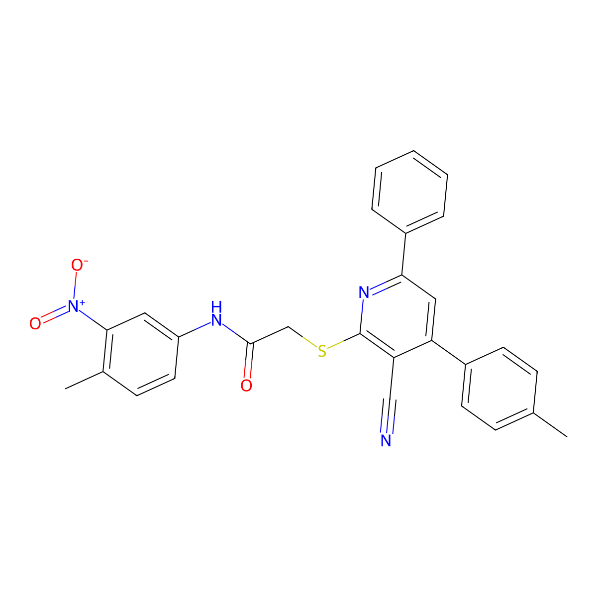 2-((3-Cyano-6-phenyl-4-(p-tolyl)pyridin-2-yl)thio)-N-(4-methyl-3-nitrophenyl)acetamide molecular structure, CAS 332128-02-6