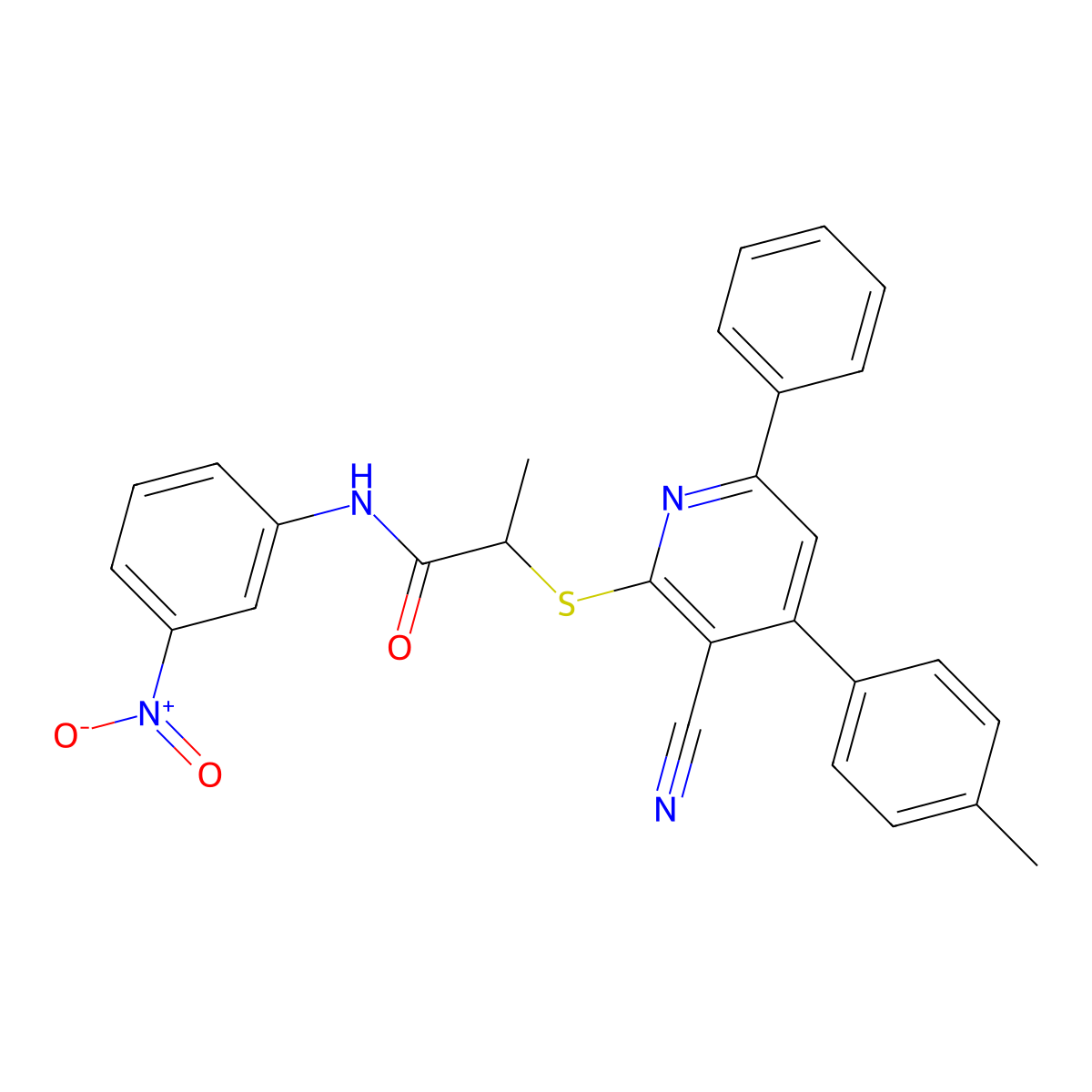 2-((3-Cyano-6-phenyl-4-(p-tolyl)pyridin-2-yl)thio)-N-(3-nitrophenyl)propanamide molecular structure, CAS 332128-03-7