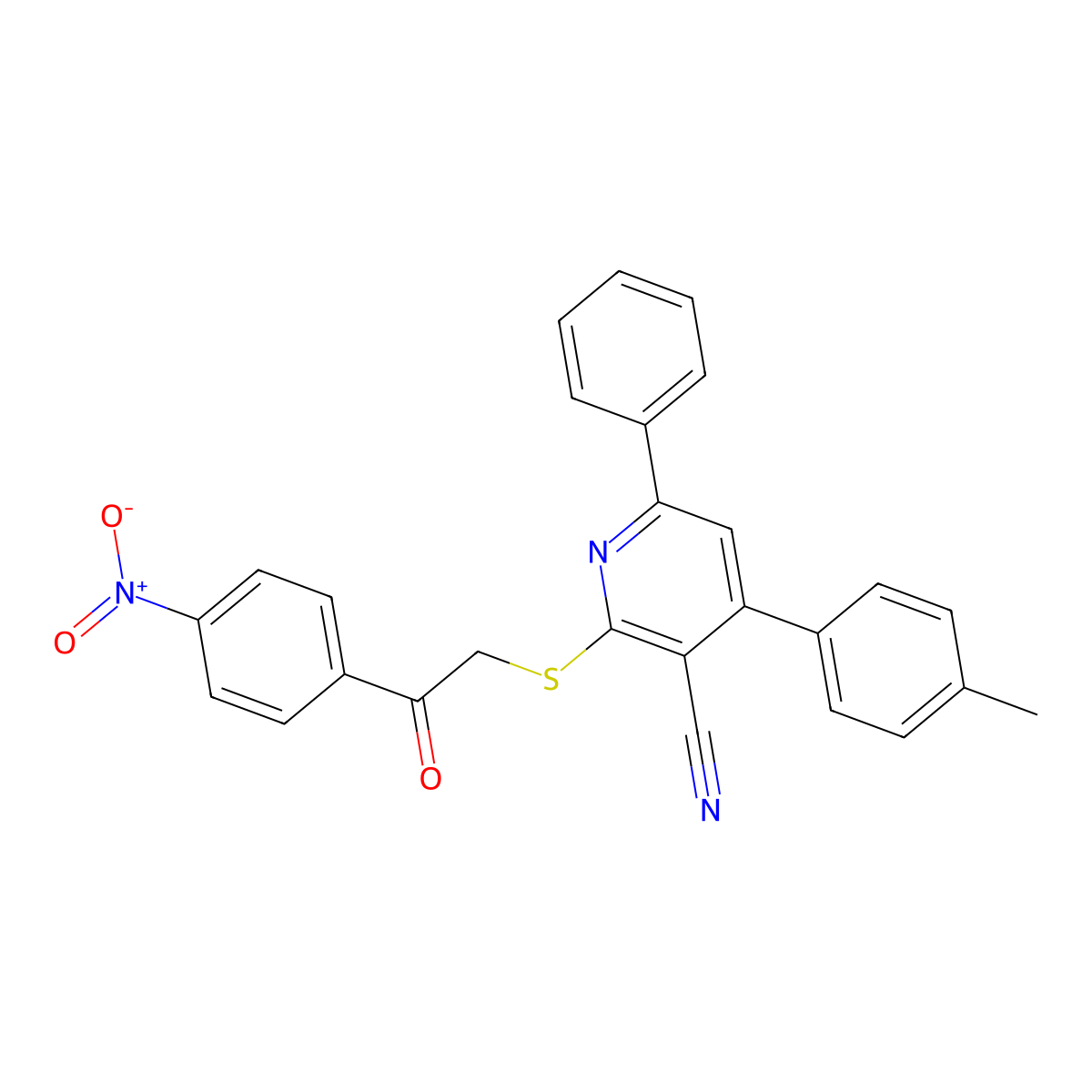 2-((2-(4-Nitrophenyl)-2-oxoethyl)thio)-6-phenyl-4-(p-tolyl)nicotinonitrile molecular structure, CAS 332128-08-2