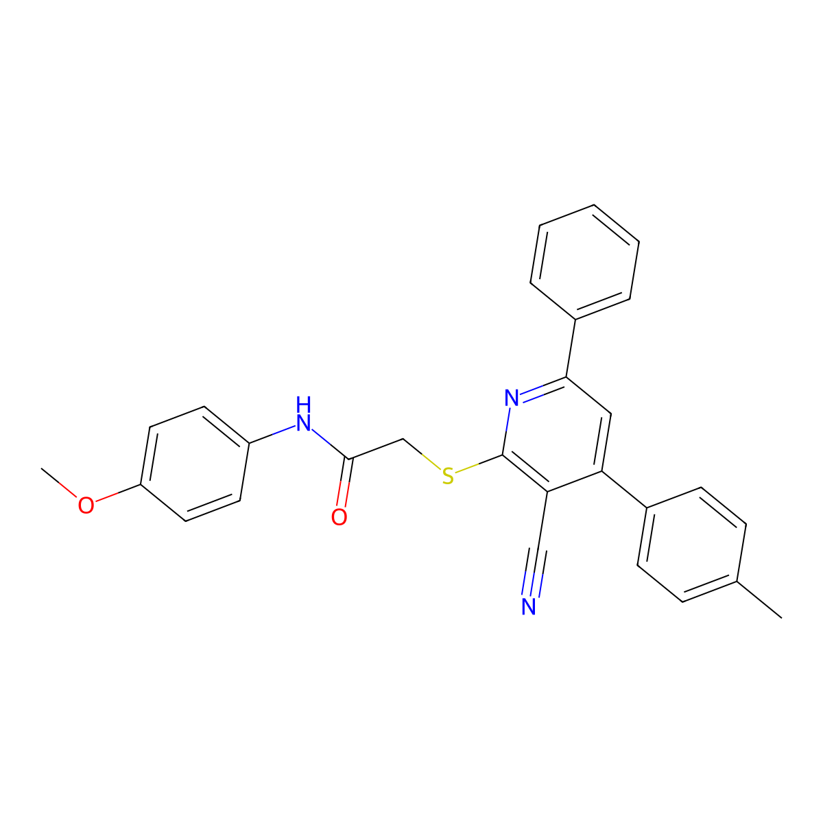 2-((3-Cyano-6-phenyl-4-(p-tolyl)pyridin-2-yl)thio)-N-(4-methoxyphenyl)acetamide molecular structure, CAS 332128-10-6