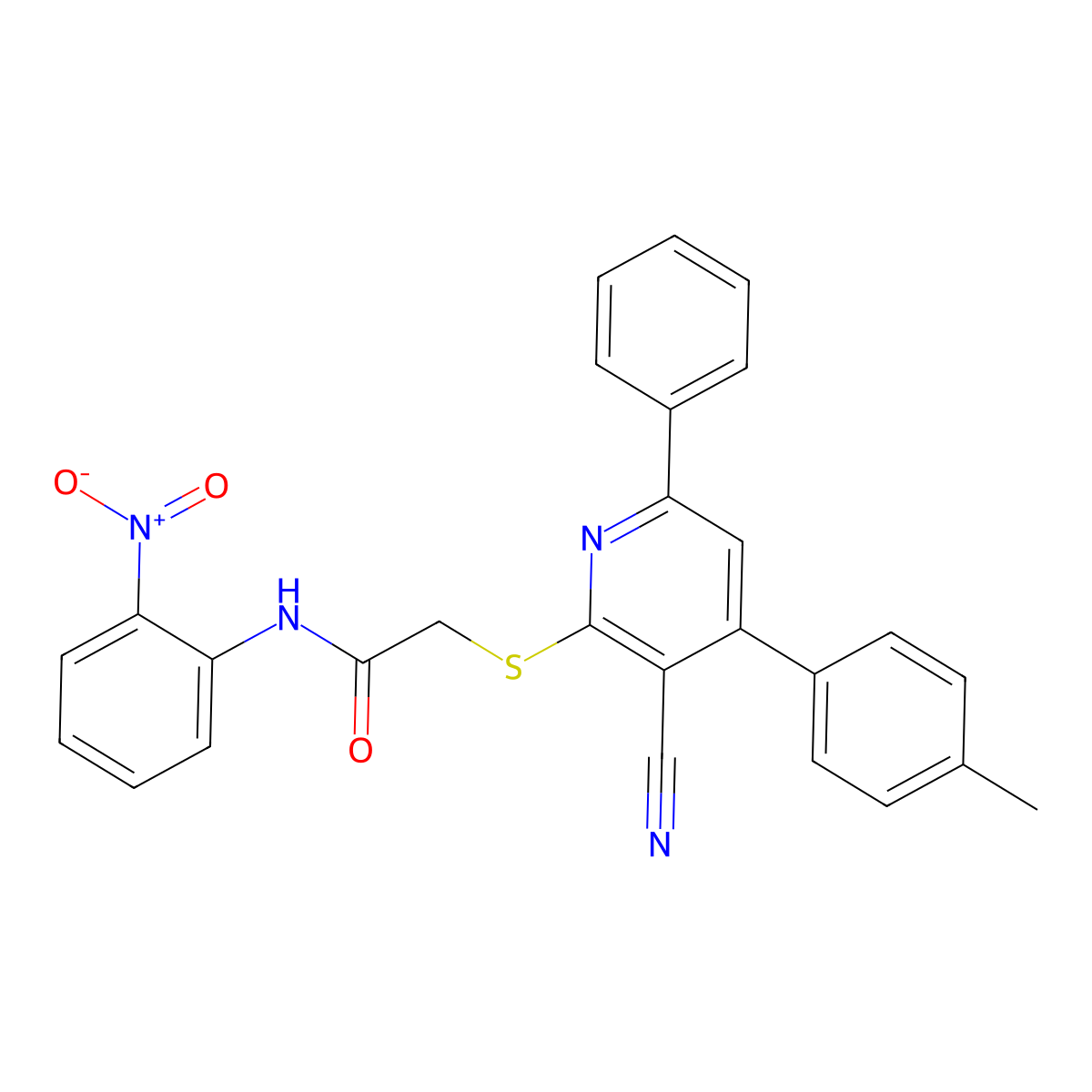 2-((3-Cyano-6-phenyl-4-(p-tolyl)pyridin-2-yl)thio)-N-(2-nitrophenyl)acetamide molecular structure, CAS 332128-11-7