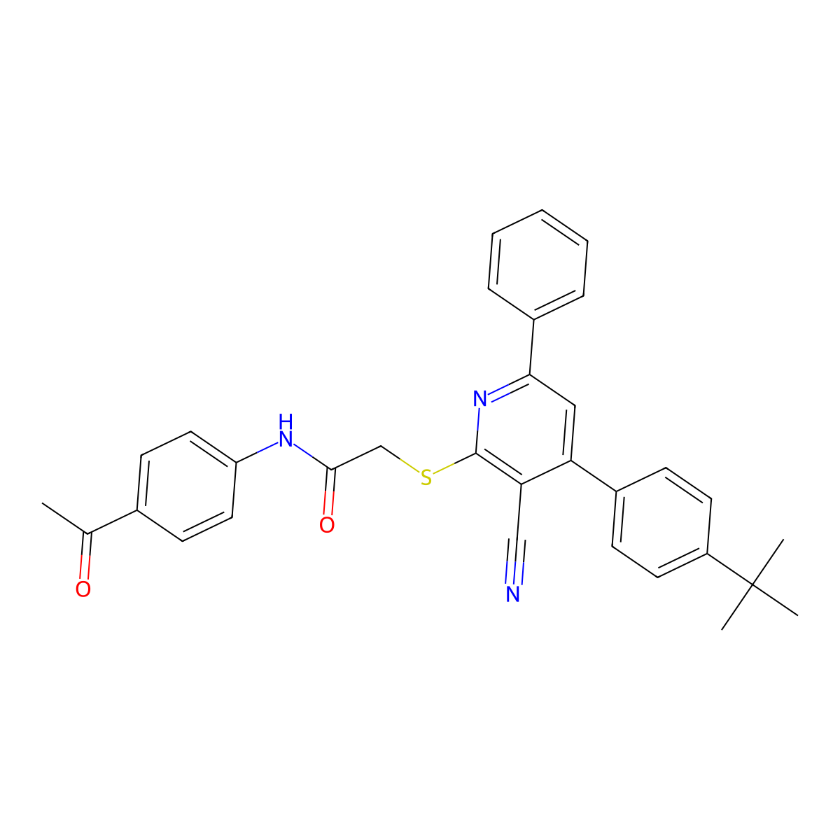 N-(4-Acetylphenyl)-2-((4-(4-(tert-butyl)phenyl)-3-cyano-6-phenylpyridin-2-yl)thio)acetamide molecular structure, CAS 332128-22-0