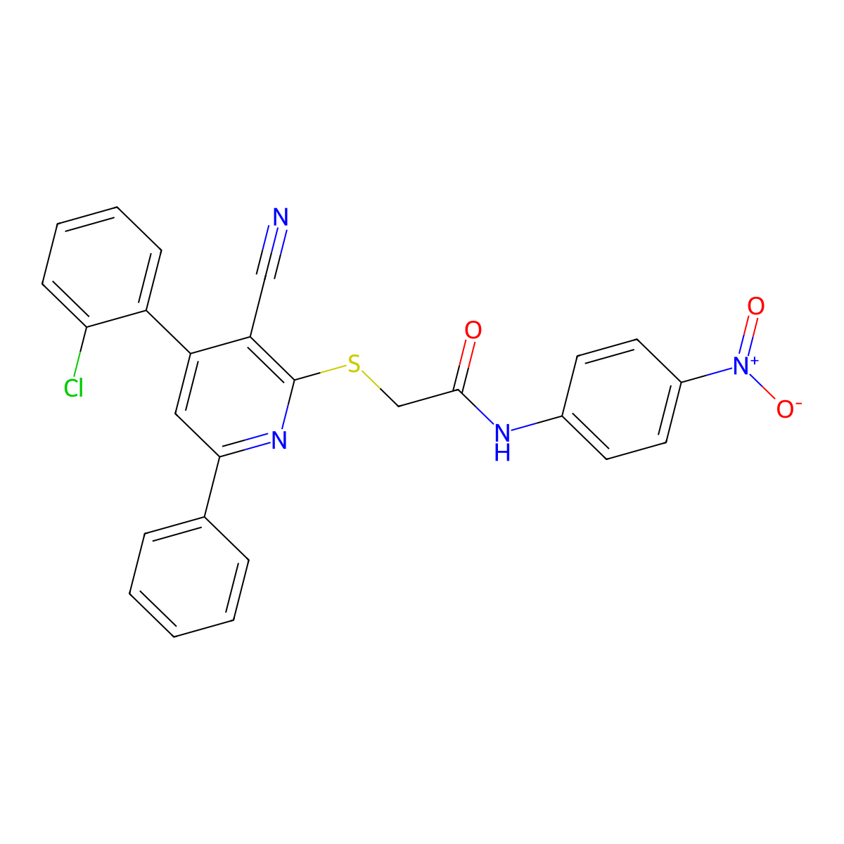 2-((4-(2-Chlorophenyl)-3-cyano-6-phenylpyridin-2-yl)thio)-N-(4-nitrophenyl)acetamide molecular structure, CAS 332128-34-4