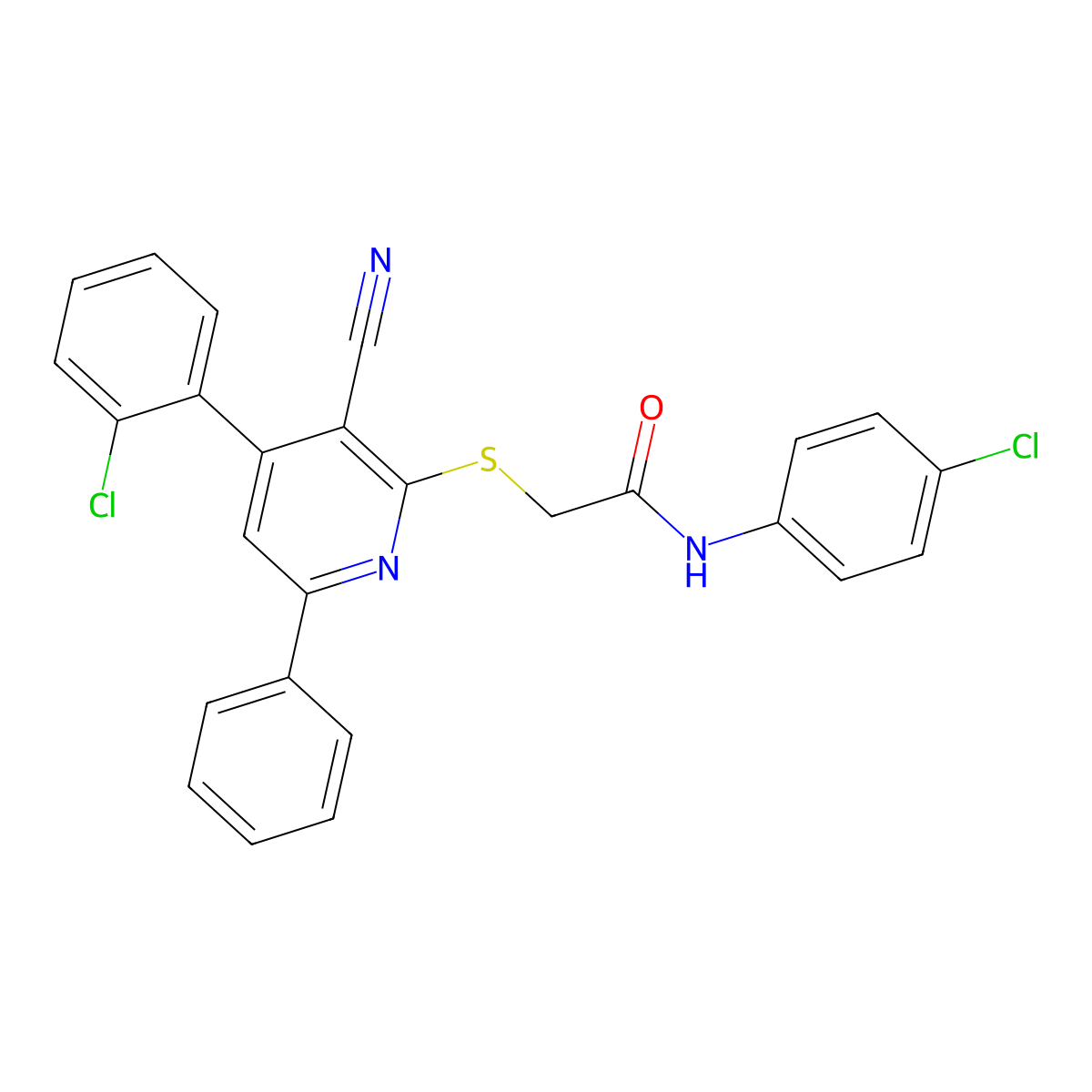 N-(4-Chlorophenyl)-2-((4-(2-chlorophenyl)-3-cyano-6-phenylpyridin-2-yl)thio)acetamide molecular structure, CAS 332128-35-5
