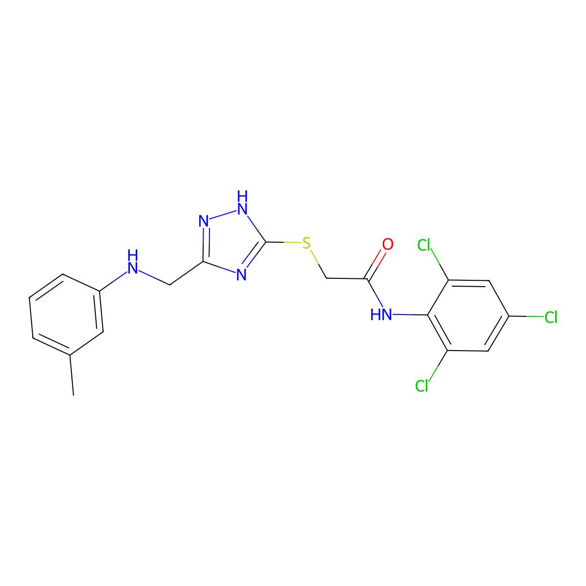 2-((3-((m-Tolylamino)methyl)-1H-1,2,4-triazol-5-yl)thio)-N-(2,4,6-trichlorophenyl)acetamide molecular structure, CAS 332128-48-0