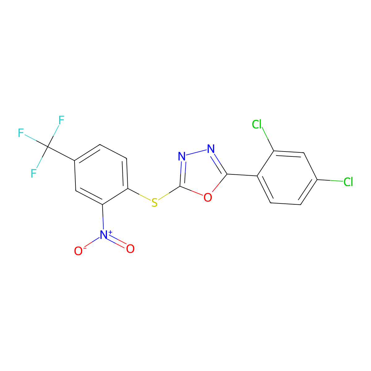 2-(2,4-Dichlorophenyl)-5-{[2-nitro-4-(trifluoromethyl)phenyl]sulfanyl}-1,3,4-oxadiazole molecular structure, CAS 332130-05-9