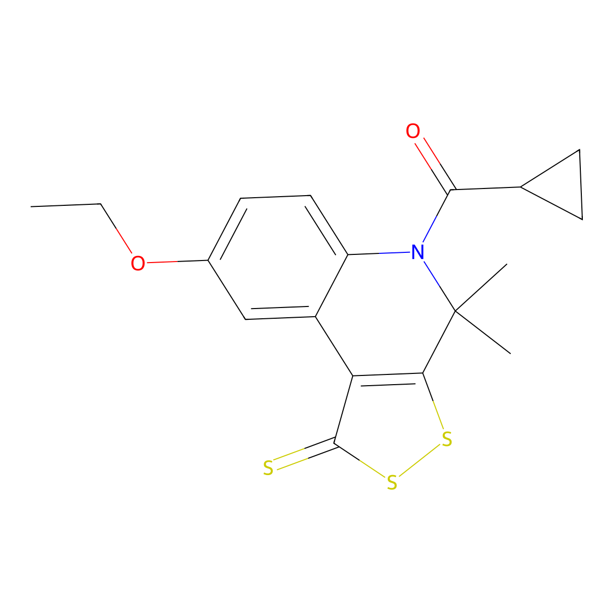 cyclopropyl(8-ethoxy-4,4-dimethyl-1-thioxo-1,4-dihydro-5H-[1,2]dithiolo[3,4-c]quinolin-5-yl)methanone molecular structure, CAS 332143-90-5
