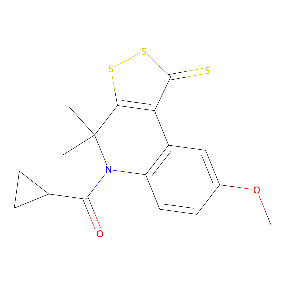 Cyclopropyl-(8-methoxy-4,4-dimethyl-1-sulfanylidenedithiolo[3,4-c]quinolin-5-yl)methanone molecular structure, CAS 332143-91-6