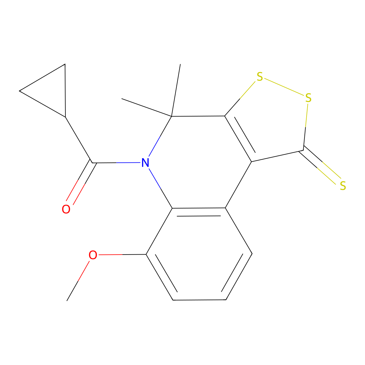 cyclopropyl(6-methoxy-4,4-dimethyl-1-thioxo-1,4-dihydro-5H-[1,2]dithiolo[3,4-c]quinolin-5-yl)methanone molecular structure, CAS 332143-92-7