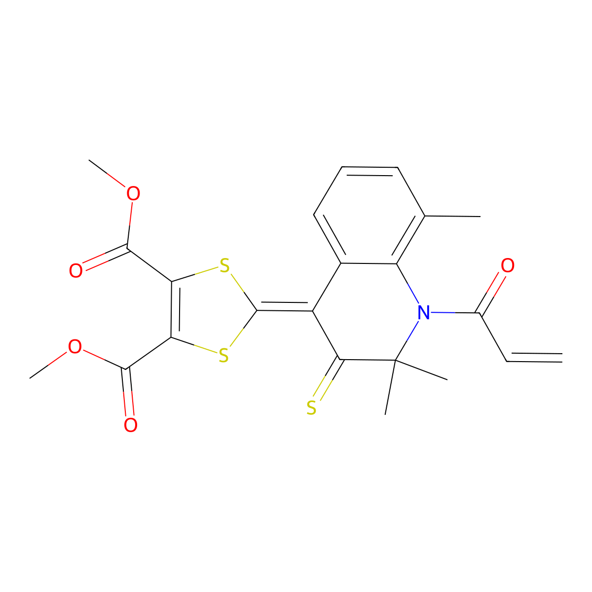 dimethyl 2-(1-acryloyl-2,2,8-trimethyl-3-thioxo-2,3-dihydro-4(1H)-quinolinylidene)-1,3-dithiole-4,5-dicarboxylate molecular structure, CAS 332144-09-9
