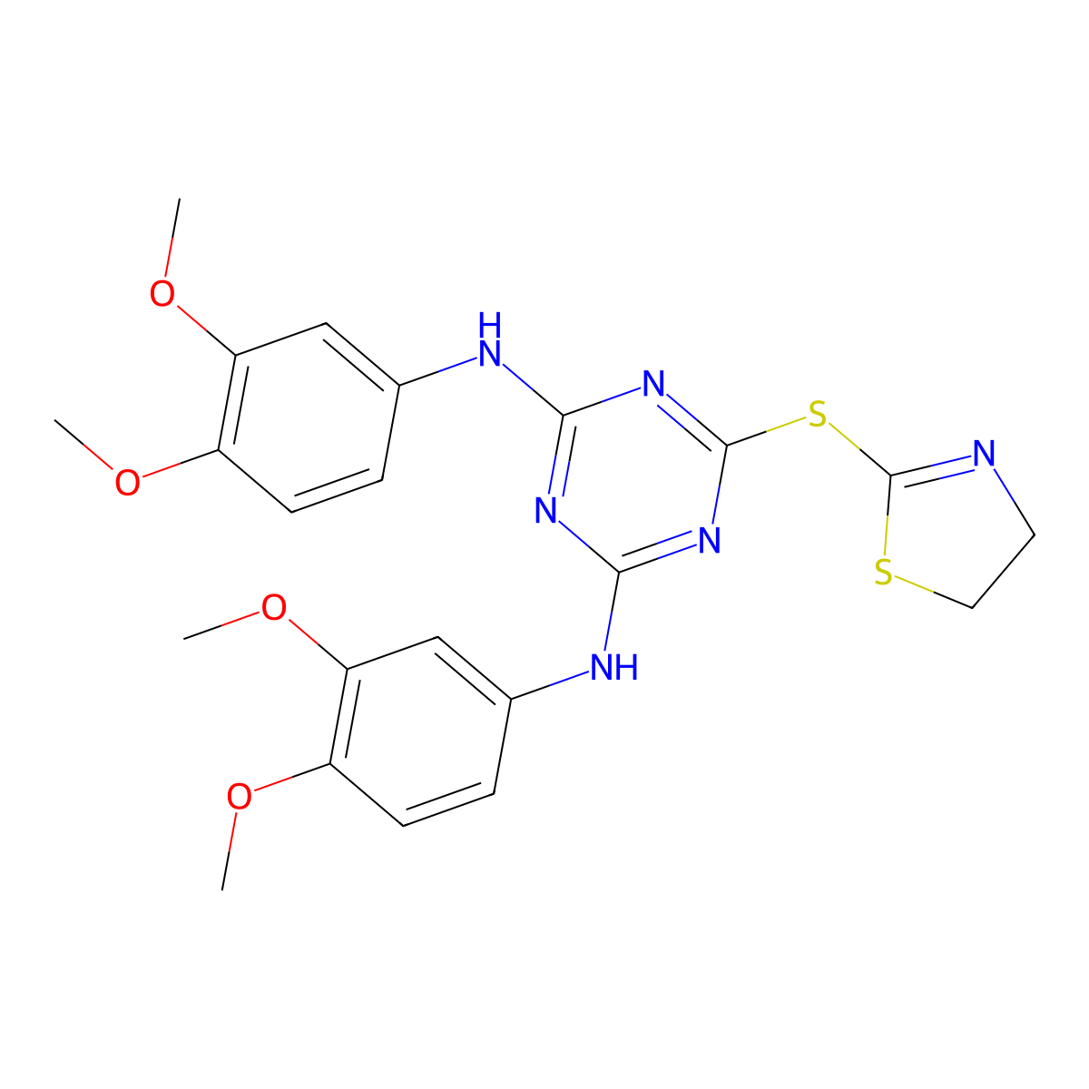 6-(4,5-dihydro-1,3-thiazol-2-ylsulfanyl)-N,N'-bis(3,4-dimethoxyphenyl)-1,3,5-triazine-2,4-diamine molecular structure, CAS 332144-37-3