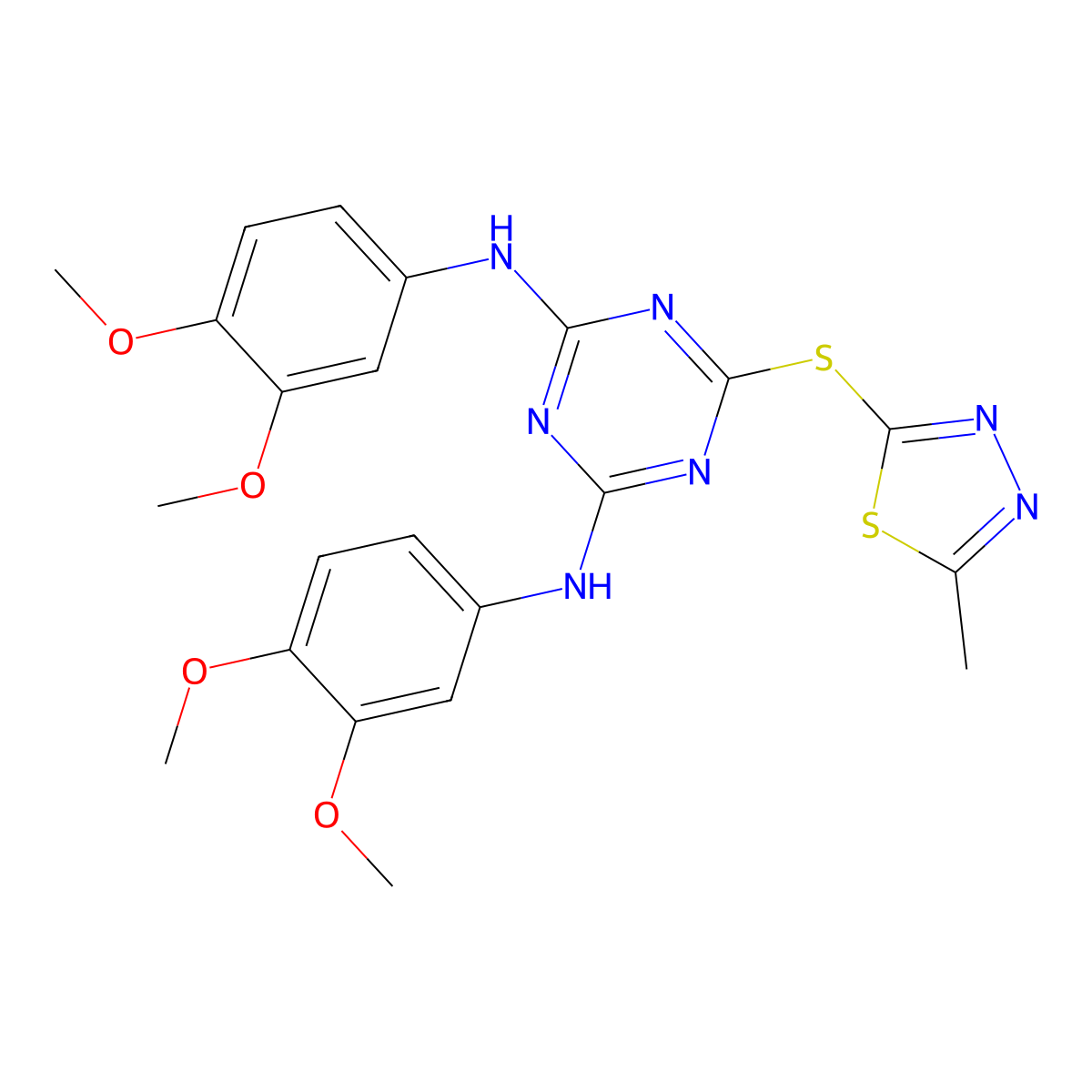 2-N,4-N-bis(3,4-dimethoxyphenyl)-6-[(5-methyl-1,3,4-thiadiazol-2-yl)sulfanyl]-1,3,5-triazine-2,4-diamine molecular structure, CAS 332144-38-4