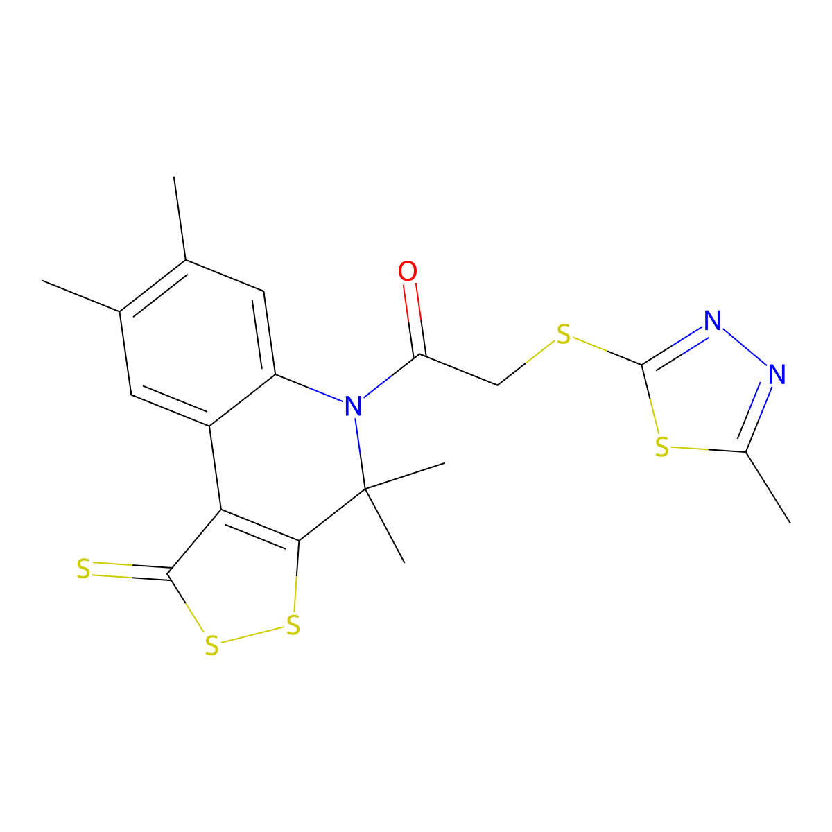 2-[(5-methyl-1,3,4-thiadiazol-2-yl)sulfanyl]-1-(4,4,7,8-tetramethyl-1-thioxo-1,4-dihydro-5H-[1,2]dithiolo[3,4-c]quinolin-5-yl)ethanone molecular structure, CAS 332144-60-2
