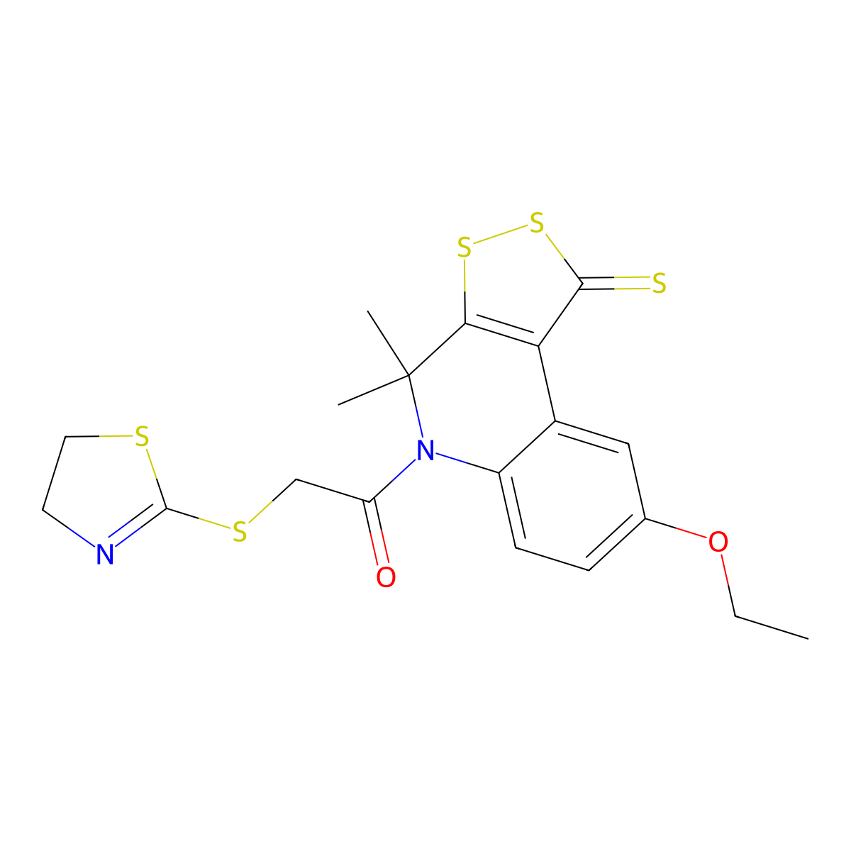 2-(4,5-Dihydro-1,3-thiazol-2-ylsulfanyl)-1-(8-ethoxy-4,4-dimethyl-1-sulfanylidenedithiolo[3,4-c]quinolin-5-yl)ethanone molecular structure, CAS 332144-63-5
