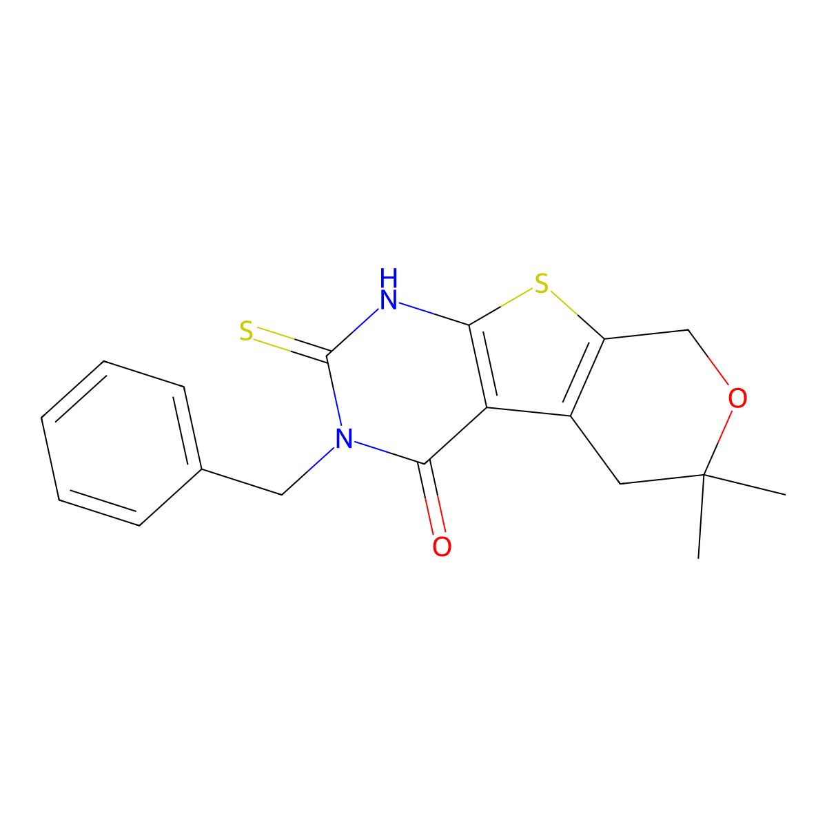 3-benzyl-6,6-dimethyl-2-sulfanyl-3,5,6,8-tetrahydro-4H-pyrano[4',3':4,5]thieno[2,3-d]pyrimidin-4-one molecular structure, CAS 332145-23-0